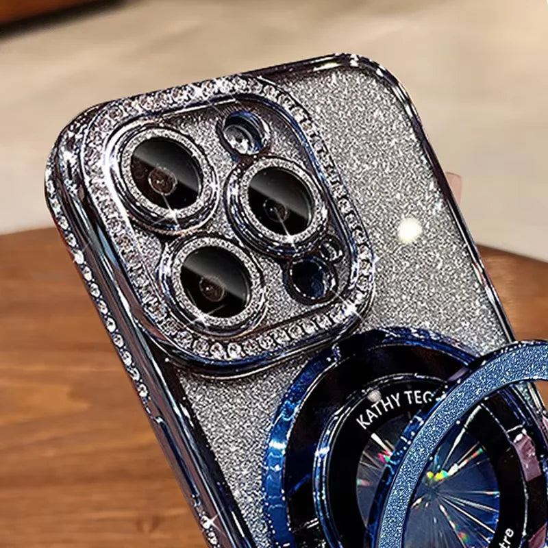 Coque de Plating Glitter Bling MagSafe de Luxe avec Support Anneau pour iPhone 16 ProMax 15 11 12 13 14 Plus Charge Sans Fil en Silicone Diamant