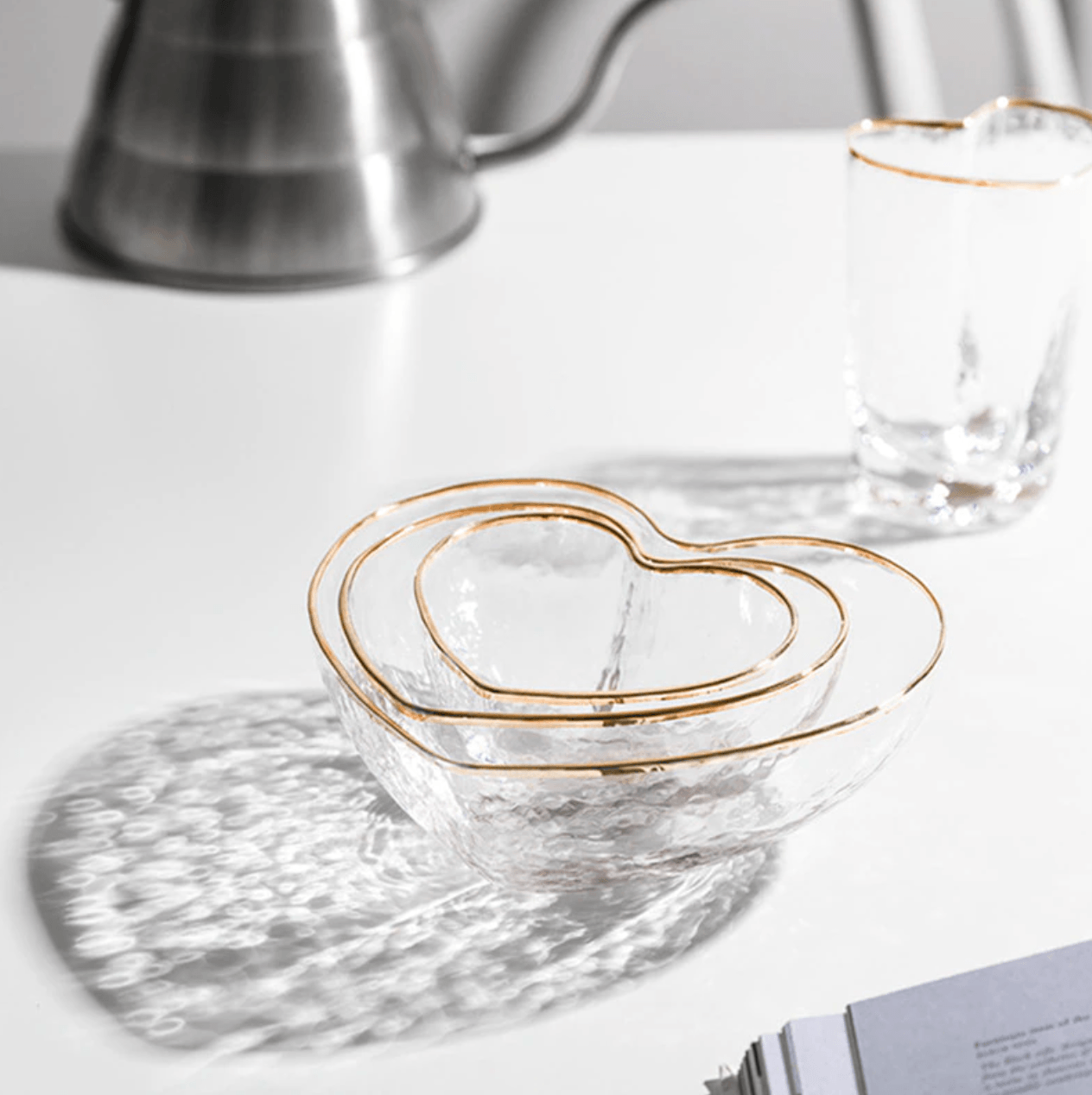 Floroux Glassware Set | Heart-Shaped Bowl and Drinking Glass | Gold-Rimmed Design | Elegant Table Decor