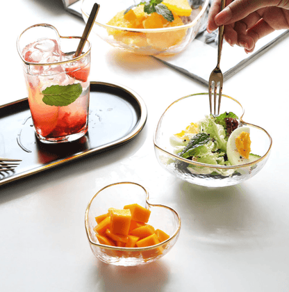 Floroux Glassware Set | Heart-Shaped Bowl and Drinking Glass | Gold-Rimmed Design | Elegant Table Decor