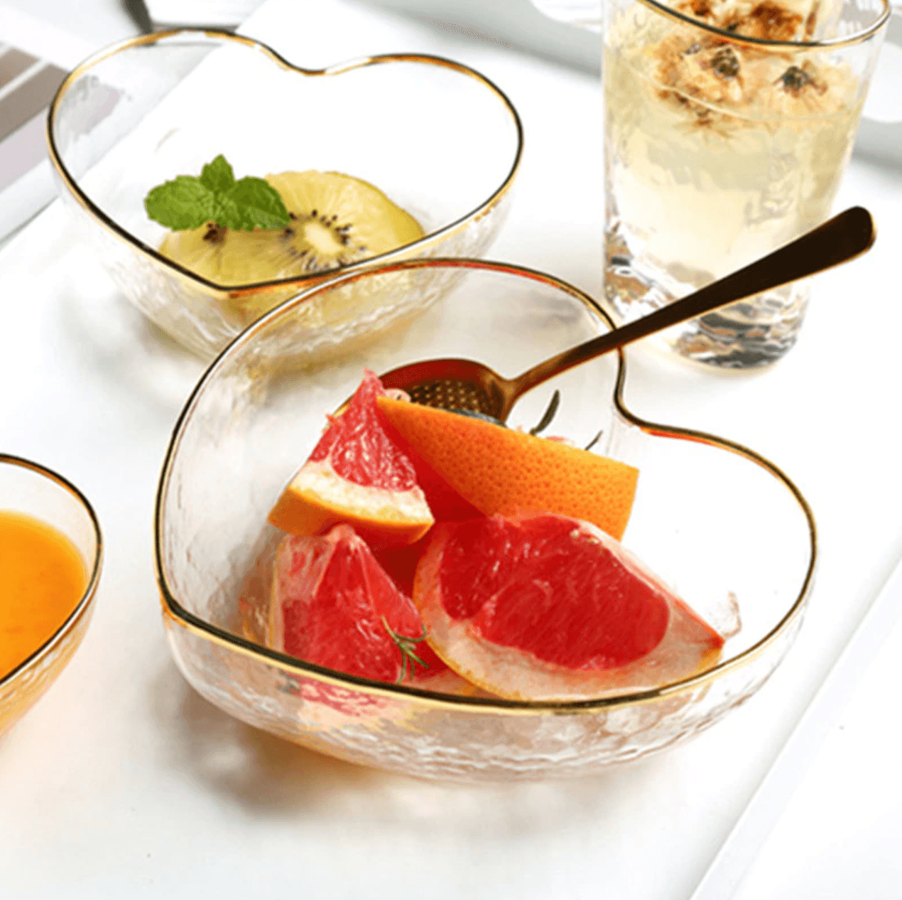 Floroux Glassware Set | Heart-Shaped Bowl and Drinking Glass | Gold-Rimmed Design | Elegant Table Decor