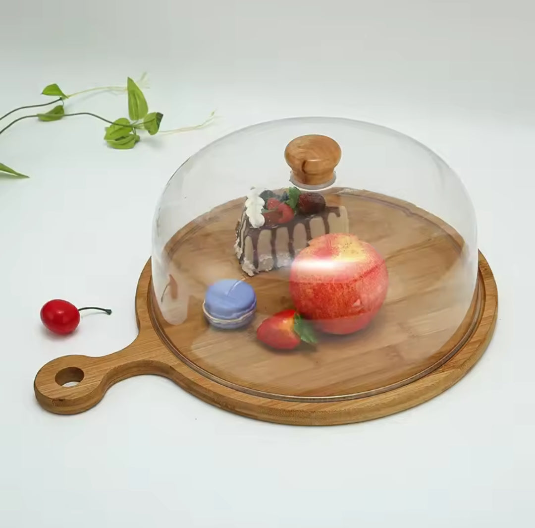Couvercle en acrylique pour gâteau avec plateau en bambou