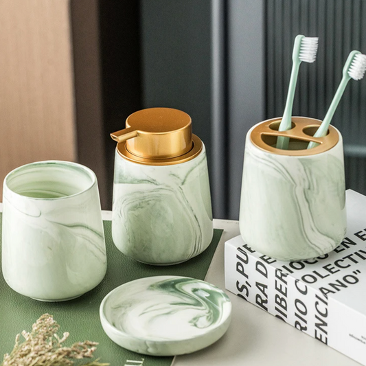 Floroux 4-piece bathroom set | Green marble design | Luxurious bathroom accessories for the home