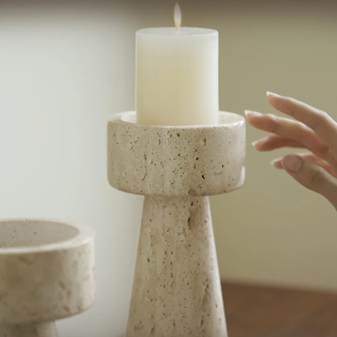 Floroux Candle Holder in Travertine Look | Modern Design | Atmospheric Lighting | Versatile Decoration