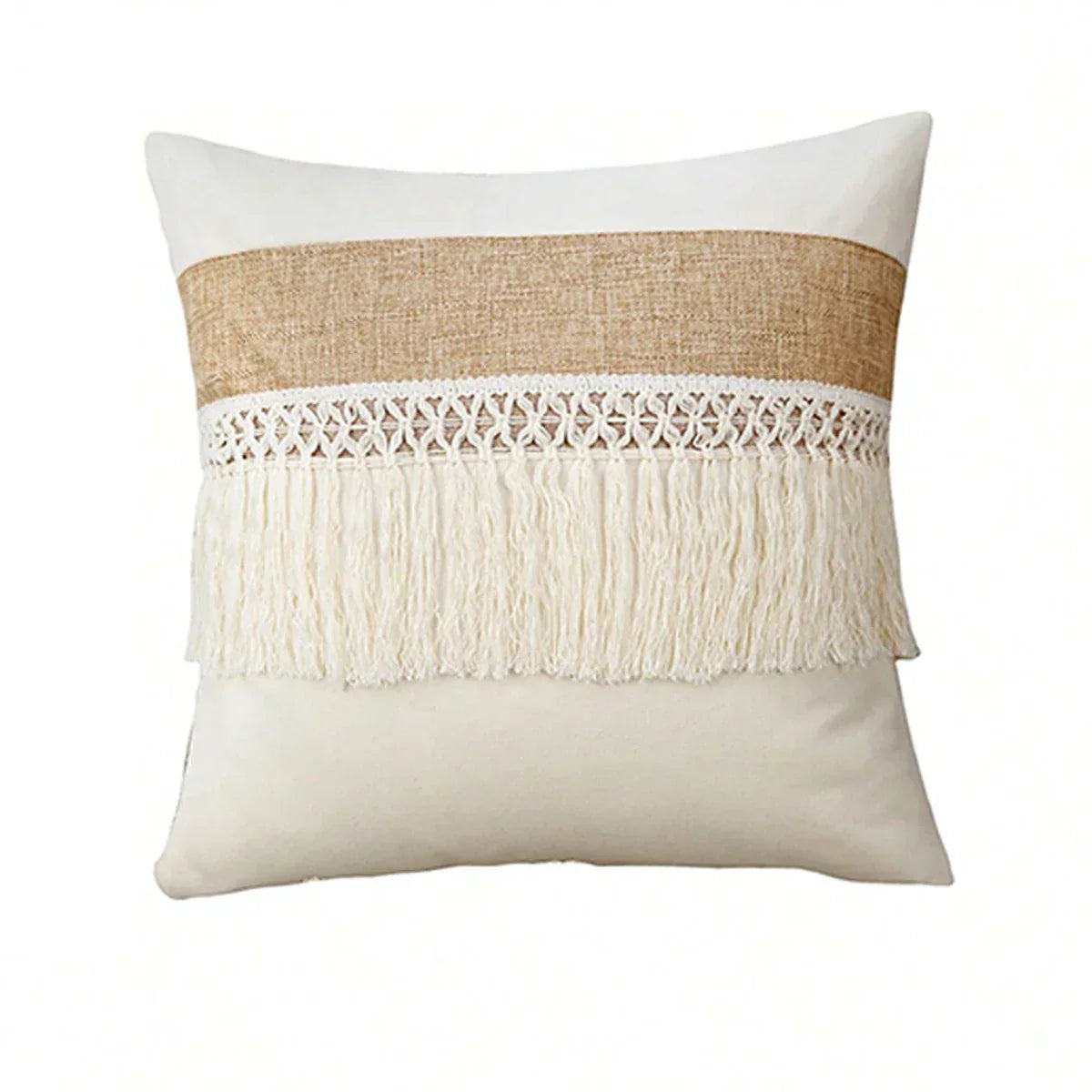 Coussin Boho - Housse de coussin géométrique beige avec franges