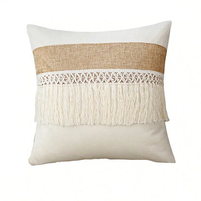 Coussin Boho - Housse de coussin géométrique beige avec franges