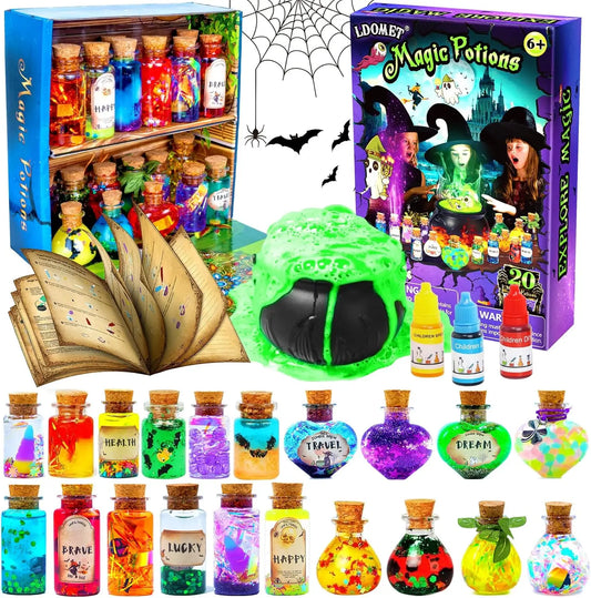 Kit de potions magiques DIY enchanteur pour enfants - 24 bouteilles, livre de sorts et accessoires magiques pour s'amuser à Halloween et Noël