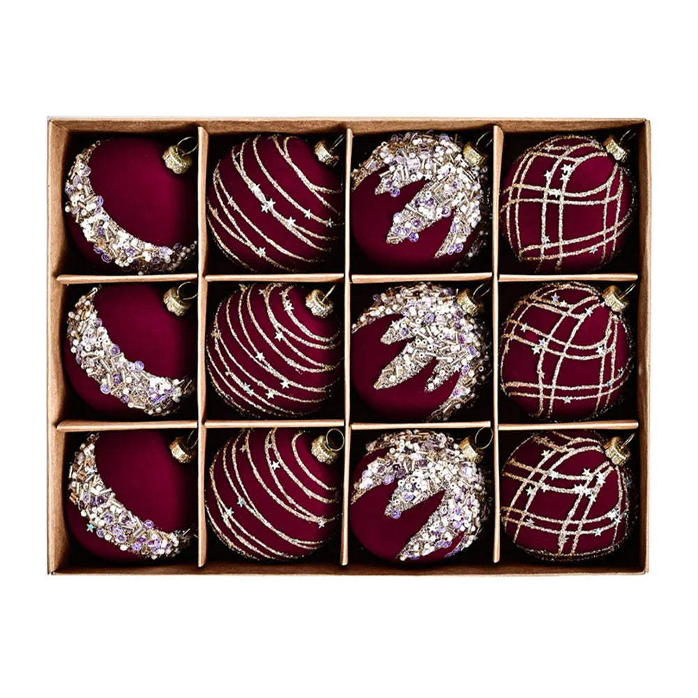 Ensemble de boules de Noël en velours - Décorations rouges vin, khaki, beige, vert pour les décorations de vacances, mariages, fiançailles et projets DIY 12PCS 6 cm (2,3 pouces)