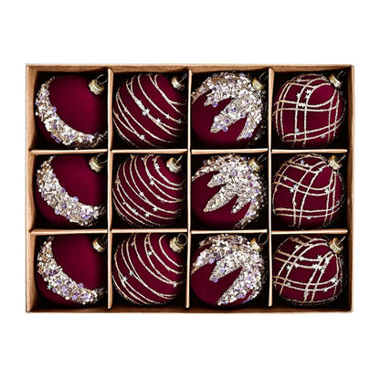 Ensemble de boules de Noël en velours - Décorations rouges vin, khaki, beige, vert pour les décorations de vacances, mariages, fiançailles et projets DIY 12PCS 6 cm (2,3 pouces)