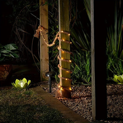 Floroux | Lampe en corde de chanvre alimentée par solaire | Éclairage décoratif durable pour jardin et terrasse