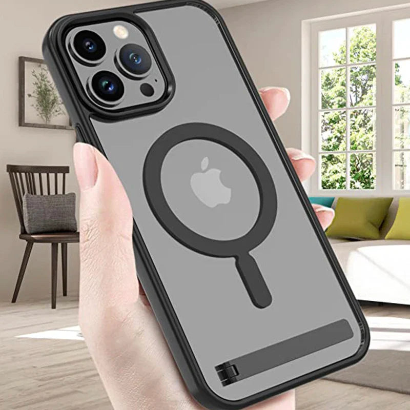 Coque matte de luxe MagSafe avec support pour iPhone 14 Plus 15 13 Pro Max 12 11 Coques de protection Charge sans fil Couverture Support en métal