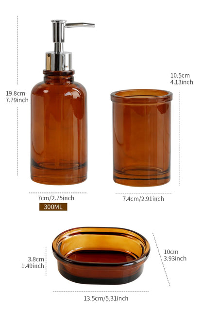Floroux Glass Bathroom Set | 4 Pieces | Elegant Apothecary Design | Soap Dispenser, Toothbrush Holder and Accessories
