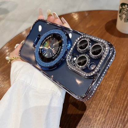 Coque de Plating Glitter Bling MagSafe de Luxe avec Support Anneau pour iPhone 16 ProMax 15 11 12 13 14 Plus Charge Sans Fil en Silicone Diamant