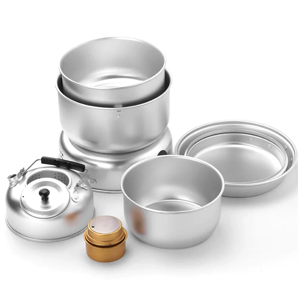 Kit de Réchaud de Camping 10pcs – Ensemble de Cuisine en Plein Air avec Casseroles, Poêles, Bouilloire, Réchaud à Alcool et Plus pour Randonnée, Camping et Escalade