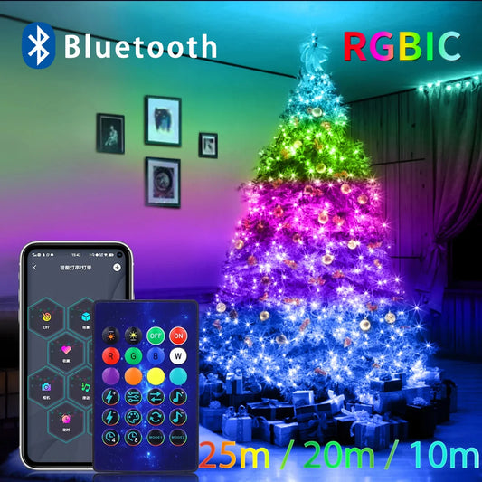 Guirlande lumineuse à LED Bluetooth Fairy pour Noël - Guirlande étanche pour sapin de Noël, décoration de vacances contrôlée par application et télécommande