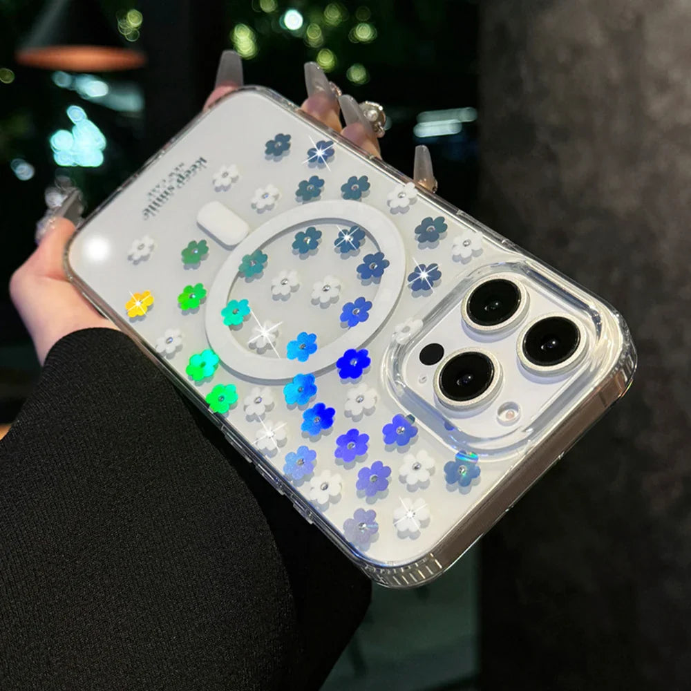 Coque de téléphone en paillettes de luxe MagSafe avec fleurs laser pour iPhone 14 15 16 Pro Max, charge sans fil, coque arrière