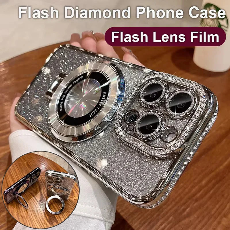 Coque de Plating Glitter Bling MagSafe de Luxe avec Support Anneau pour iPhone 16 ProMax 15 11 12 13 14 Plus Charge Sans Fil en Silicone Diamant