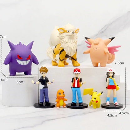 8Pcs Figurines d'Action PVC Pokemon - Rouge, Pikachu, Charizard, Gengar - Jouets de Collection & Cadeaux pour Fans d'Anime 4-9cm (1.5-3.5 icnh)
