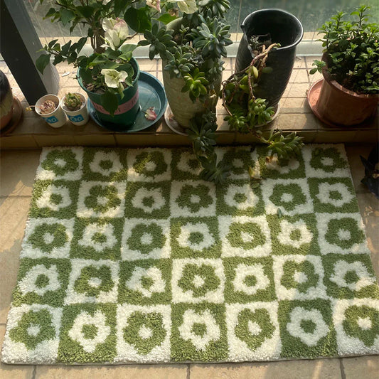 Tapis en laine douce tufté avec motif à carreaux floraux – Tapis de sol antidérapant et absorbant pour la salle de bain, la chambre et l'entrée