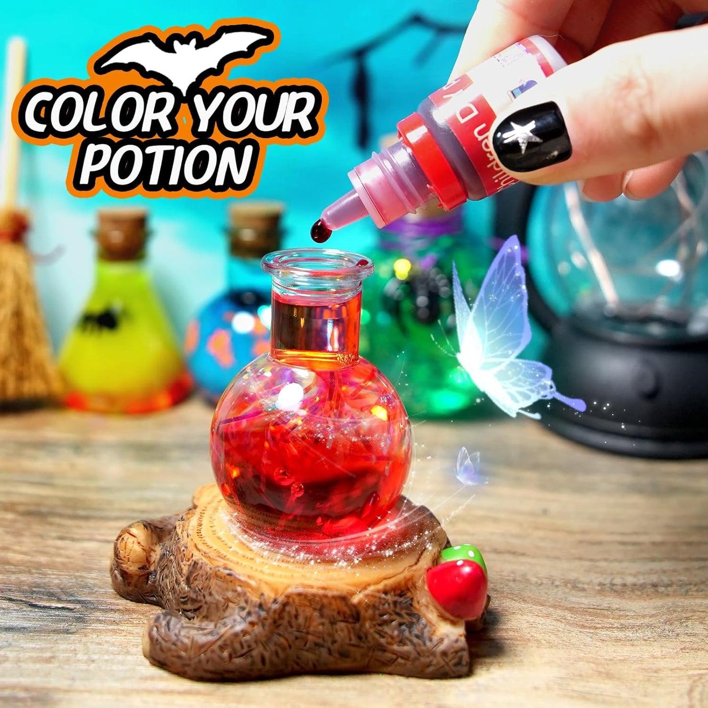 Kit de potions magiques DIY enchanteur pour enfants - 24 bouteilles, livre de sorts et accessoires magiques pour s'amuser à Halloween et Noël