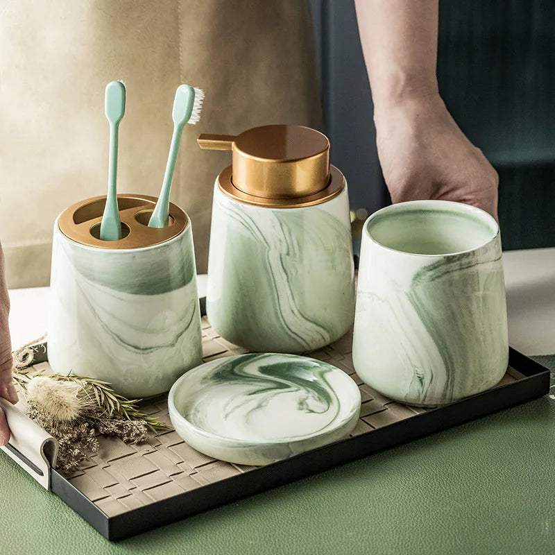 Floroux 4-piece bathroom set | Green marble design | Luxurious bathroom accessories for the home