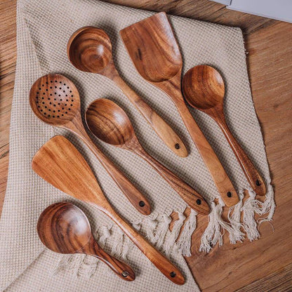 Ensemble d'ustensiles en bois de teck de 7 pièces – Outils de cuisine premium non rayants, teck fait main pour une durabilité longue durée