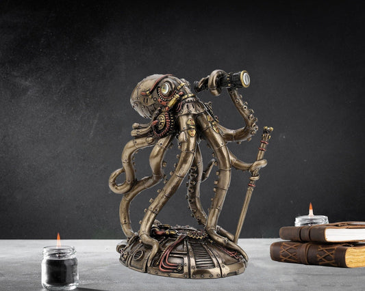 Statue d'octopus steampunk Floroux Explorer | Figure décorative rétro-futuriste | Look d'aventurier | Décoration intérieure