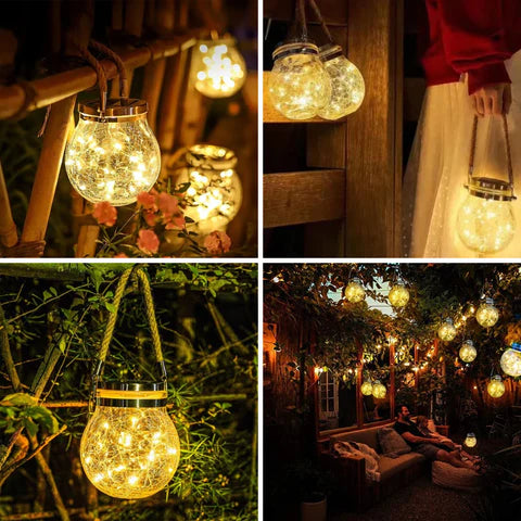 Floroux Solar Lantern en verre | Lampe à boule LED avec corde en chanvre | Lampe suspendue étanche pour jardin et terrasse