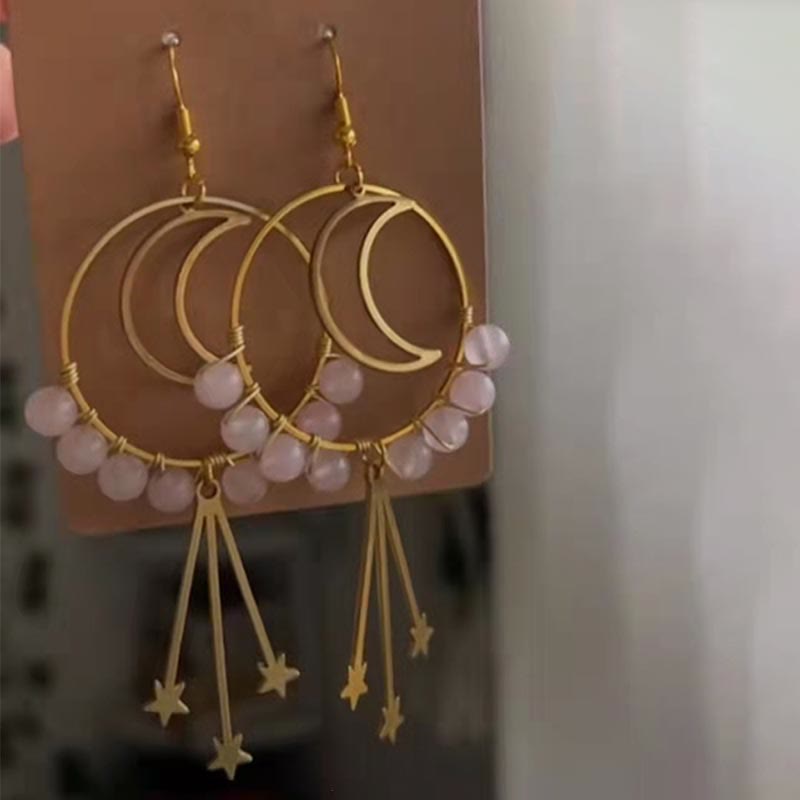 Belles Boucles d'Oreilles en Cristal Naturel avec Lune et Étoiles - Elara