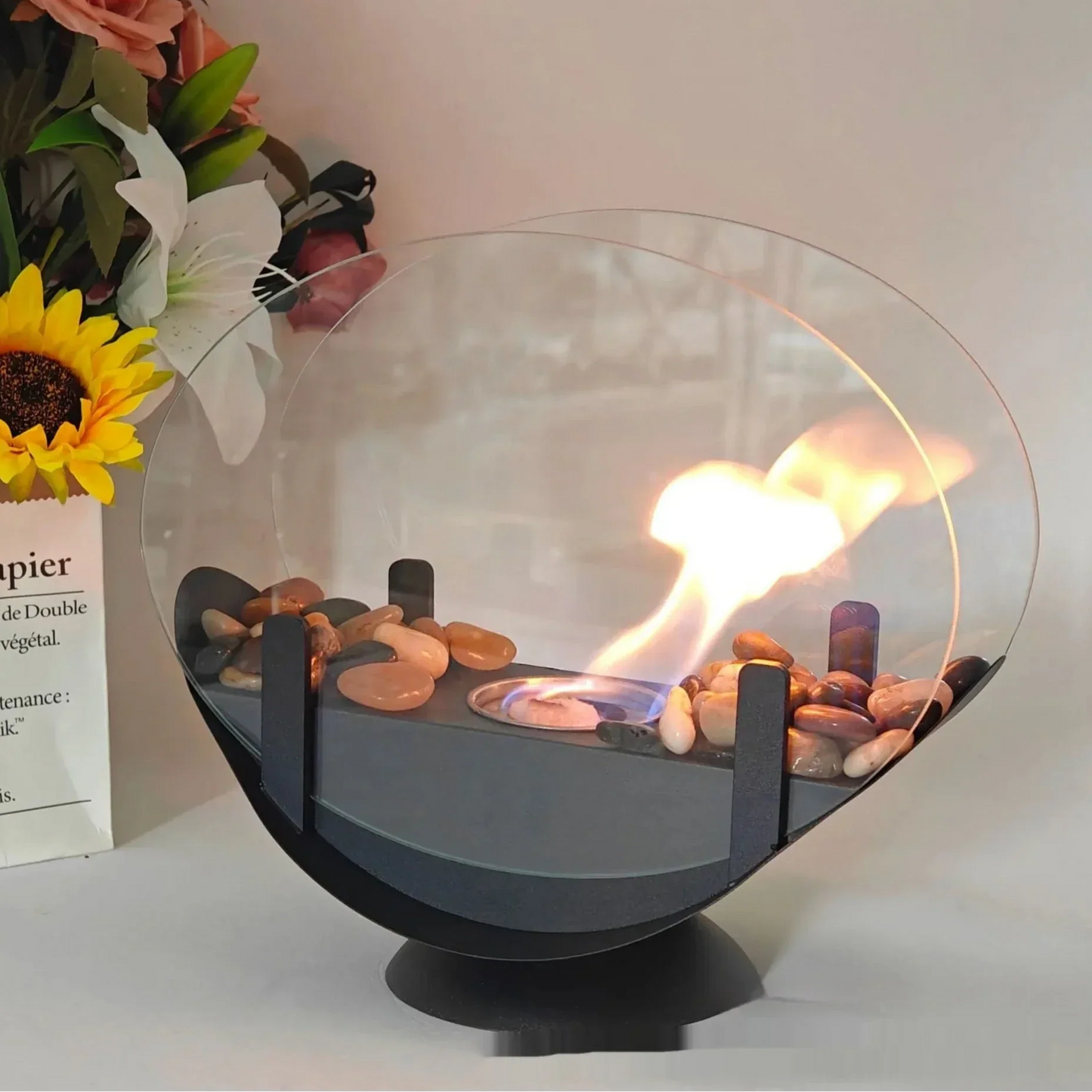 Floroux - Cheminée de table ovale noire portable en métal