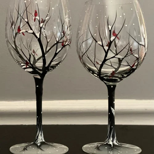 Floroux - Verres à vin arbre quatre saisons en verre peint à la main