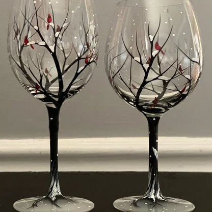 Floroux - Verres à vin arbre quatre saisons en verre peint à la main