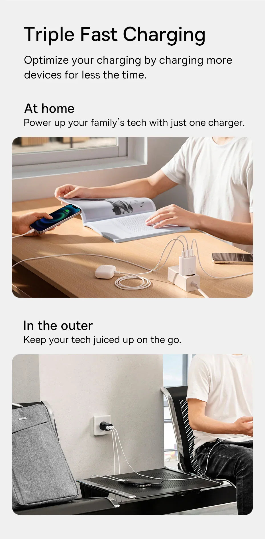 Baseus 17W 3-Port Chargeur Rapide - Prise USB A Power Delivery PD pour Téléphone