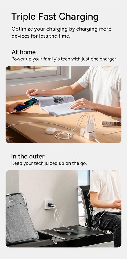 Baseus 17W 3-Port Chargeur Rapide - Prise USB A Power Delivery PD pour Téléphone