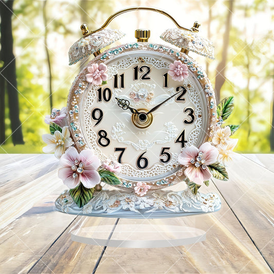 GlamTime Horloge - Luxe Acrylique Fleurs Réveil avec Pierres Précieuses