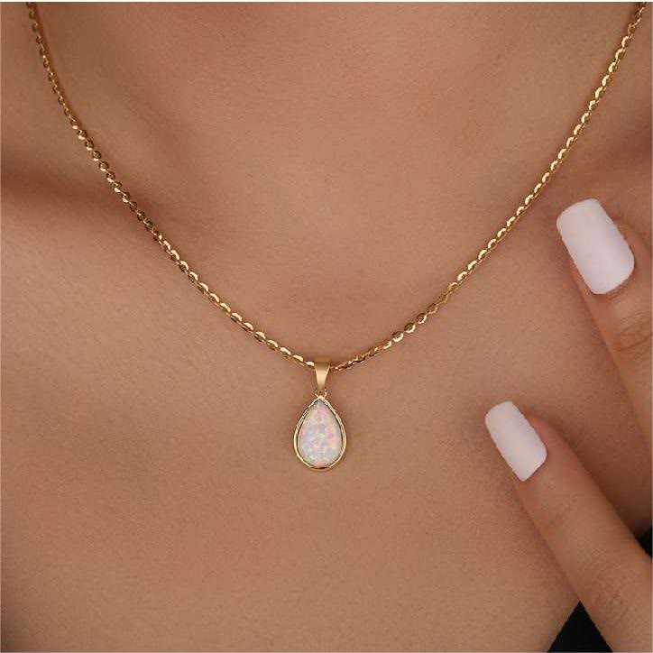 Eloise 18K Opale Naturelle Goutte Pendentif Collier - Une Élégance Envoûtante