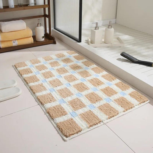 Beige Ciel Bleu Rayé Chambre Tapis Boucle │ Motif Damier Antidérapant Doux Tapis de Salle de Bain