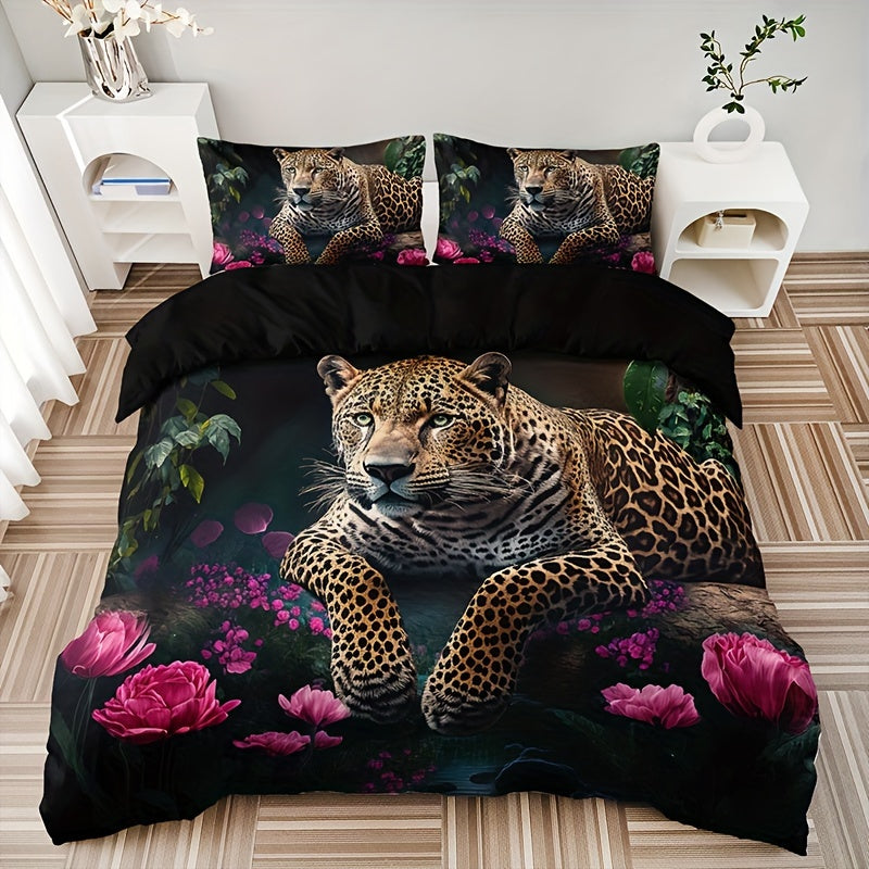 Ensemble de literie à imprimé animal luxueux avec motif de roses - 3 pièces