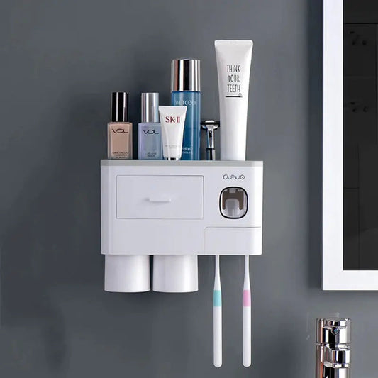 Support de brosse à dents à adsorption magnétique inversée avec distributeur de dentifrice automatique - Ensemble d'accessoires de salle de bain