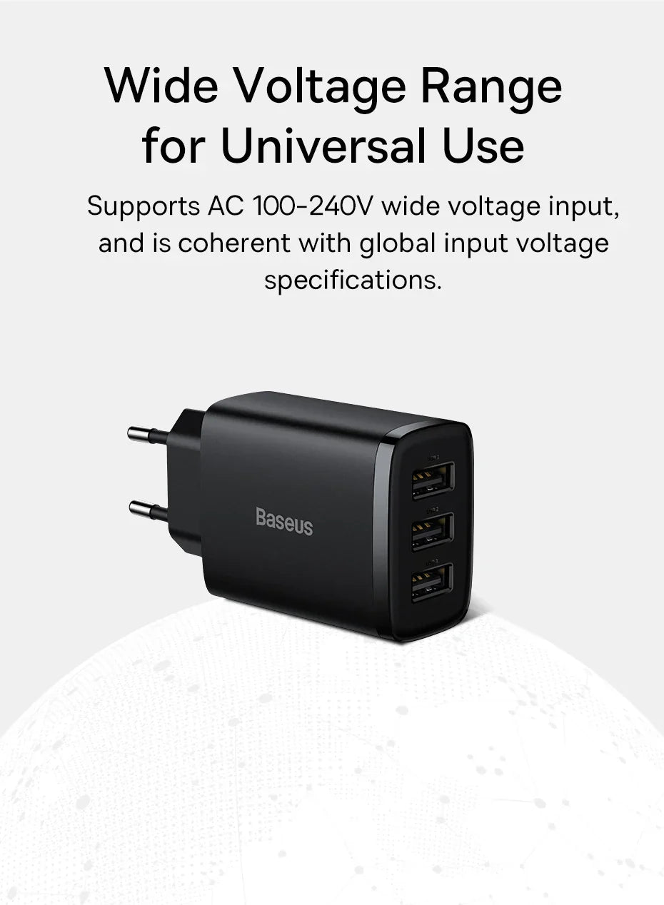 Baseus 17W 3-Port Chargeur Rapide - Prise USB A Power Delivery PD pour Téléphone