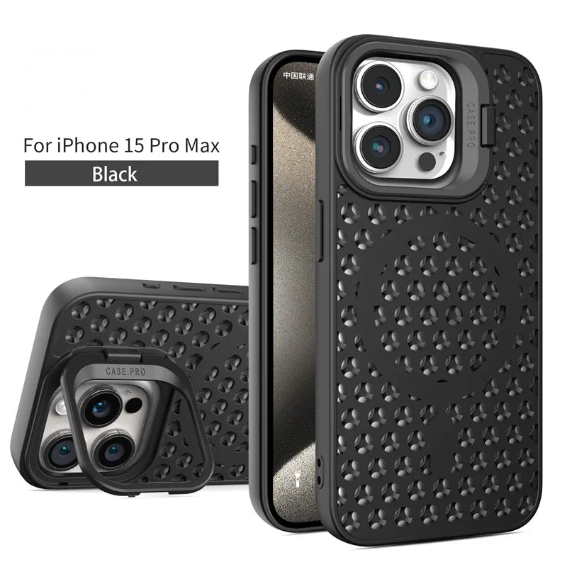 Coque en maille respirante avec dissipation thermique MagSafe pour iPhone 15 14 Plus 13 12 11 Pro Max avec support à anneau, refroidissement et charge sans fil