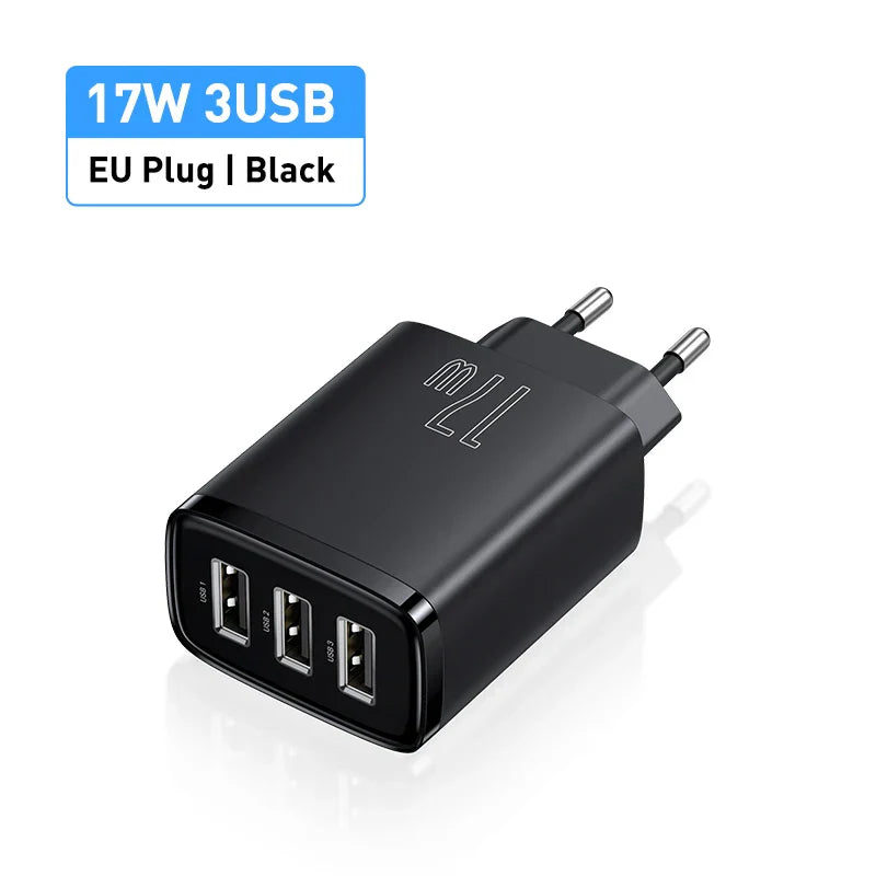 Baseus 17W 3-Port Chargeur Rapide - Prise USB A Power Delivery PD pour Téléphone