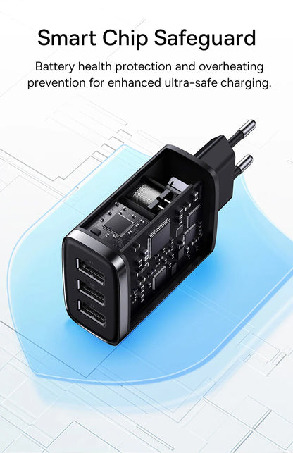 Baseus 17W 3-Port Chargeur Rapide - Prise USB A Power Delivery PD pour Téléphone