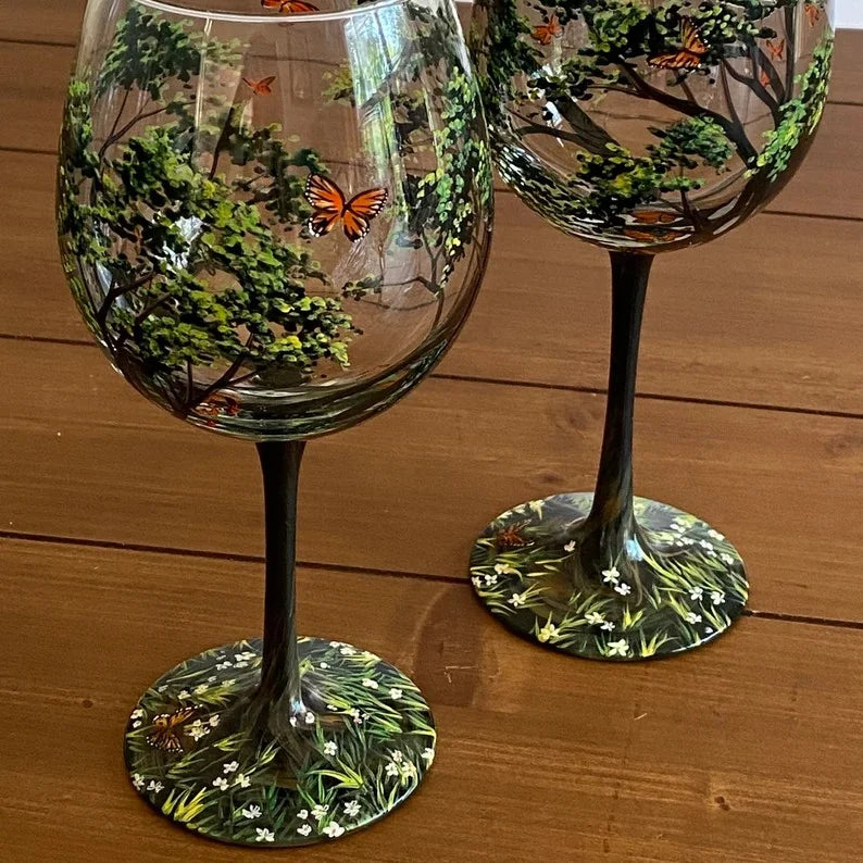 Floroux - Verres à vin arbre quatre saisons en verre peint à la main