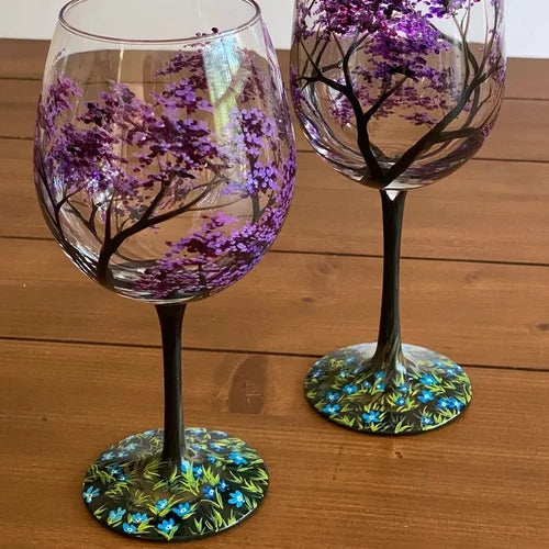Floroux - Verres à vin arbre quatre saisons en verre peint à la main