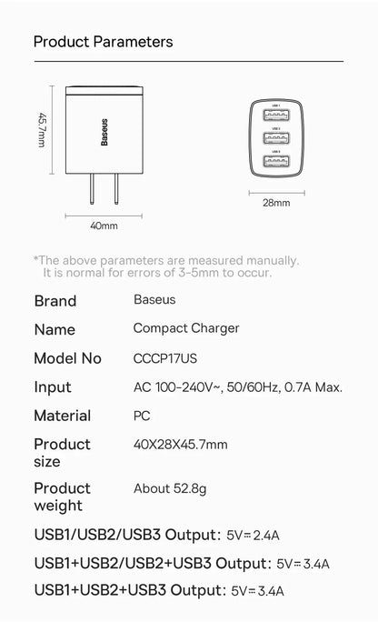 Baseus 17W 3-Port Chargeur Rapide - Prise USB A Power Delivery PD pour Téléphone