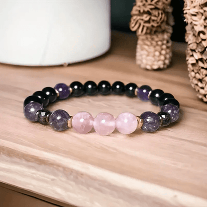 Bracelet en perles d'Aurora 8mm en quartz rose, obsidienne et améthyste