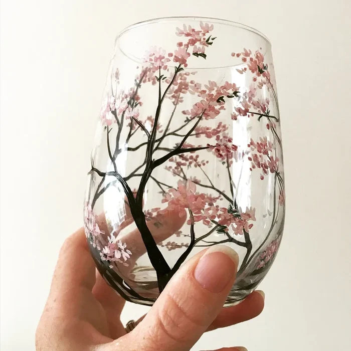 Floroux - Verres à vin arbre quatre saisons en verre peint à la main