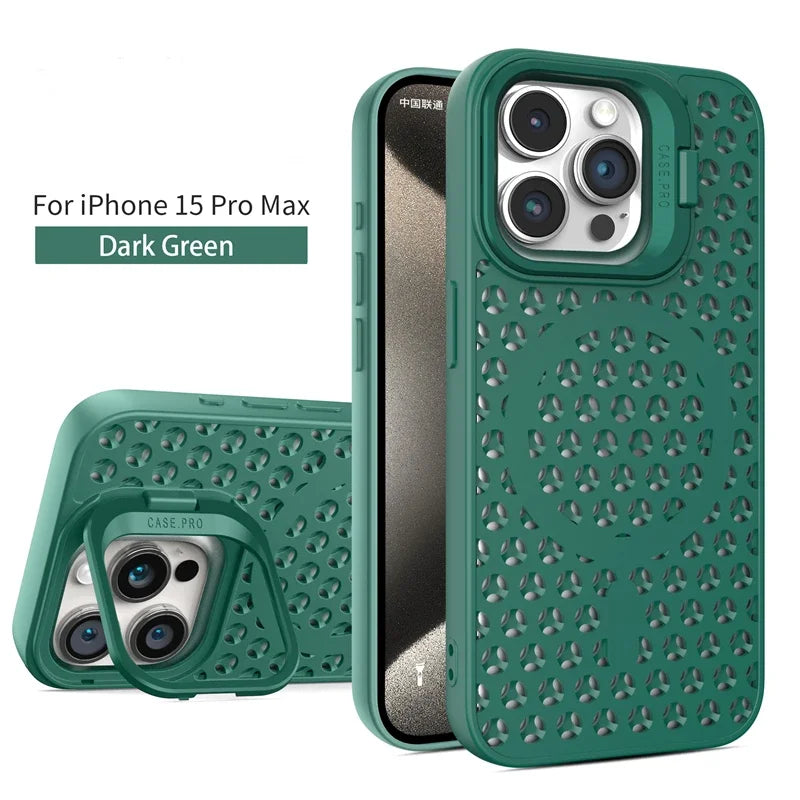 Coque en maille respirante avec dissipation thermique MagSafe pour iPhone 15 14 Plus 13 12 11 Pro Max avec support à anneau, refroidissement et charge sans fil