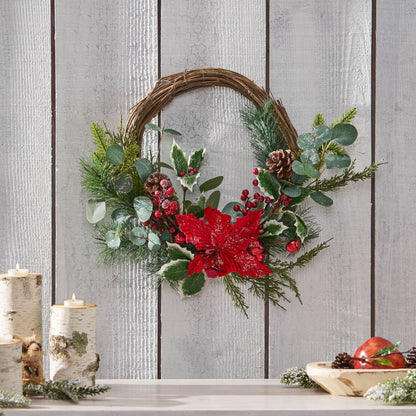 Couronne de Noël Poinsettia & Eucalyptus de 23,5 pouces – Baies rouges vives, parfaite pour la porte d'entrée, décoration de Noël 2024
