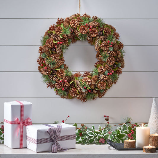 Couronne de Noël en cônes de pin naturels – Décor scintillant de 18,5 pouces pour porte d'entrée, Décor de vacances 2024